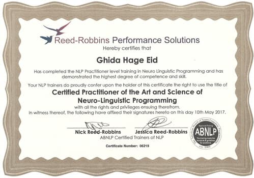 Reed-Robbins Performance Solutions certificate naming Ghida Hage Eid a Certified Practitioner of Neuro-Linguistic Programming, 10 May 2017