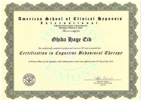 American School of Clinical Hypnosis International certificate for Ghida Hage Eid, Certification in Cognitive Behavioral Therapy, 11 July 2019