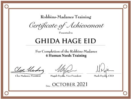 Robbins-Madanes Training certificate of achievement for Ghida Hage Eid, 6 Human Needs Training, October 2021