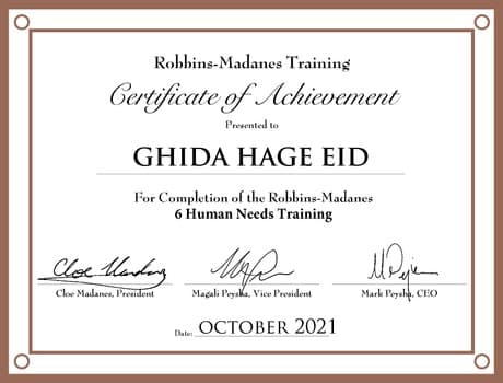Robbins-Madanes Training certificate of achievement for Ghida Hage Eid, 6 Human Needs Training, October 2021