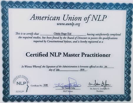American Union of NLP certificate naming Ghida Hage Eid a Certified NLP Master Practitioner, 5 July 2018