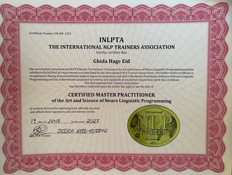 Certificate: Ghida Hage Eid, INLPTA Certified Master Practitioner of Neuro-Linguistic Programming, International NLP Trainers Association, 19 June 2023