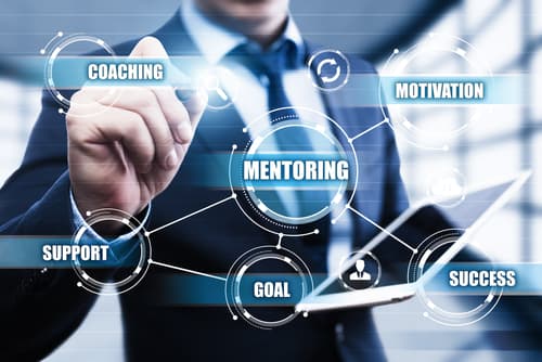 A mentor tracing a diagram linking coaching, motivation, support, goals and success